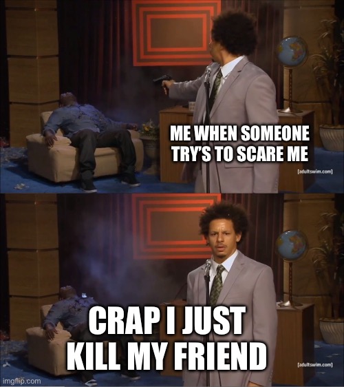 My first meme | ME WHEN SOMEONE TRY’S TO SCARE ME; CRAP I JUST KILL MY FRIEND | image tagged in memes,who killed hannibal | made w/ Imgflip meme maker