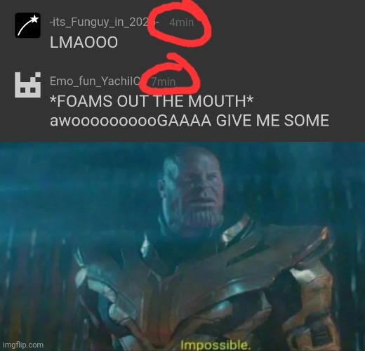 Lmaooo | image tagged in thanos impossible | made w/ Imgflip meme maker