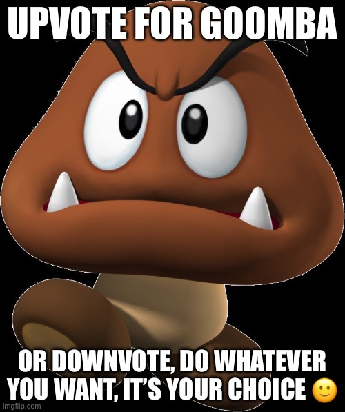 Goomba | UPVOTE FOR GOOMBA; OR DOWNVOTE, DO WHATEVER YOU WANT, IT’S YOUR CHOICE 🙂 | image tagged in goomba | made w/ Imgflip meme maker