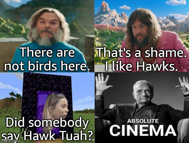 Minecraft Movie Popular Character Plot Twist Portal Introduction | There are not birds here. That's a shame. I like Hawks. Did somebody say Hawk Tuah? | image tagged in minecraft movie popular character plot twist portal introduction | made w/ Imgflip meme maker