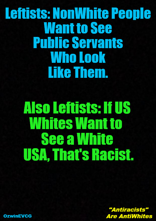 "Antiracists" Are AntiWhites | Leftists: NonWhite People 

Want to See 

Public Servants 

Who Look 

Like Them. Also Leftists: If US 

Whites Want to  

See a White 

USA, That's Racist. "Antiracists" 

Are AntiWhites; OzwinEVCG | image tagged in say what,liberal logic,antiwhite,double standards,clown world,invasion of the mind snatchers | made w/ Imgflip meme maker