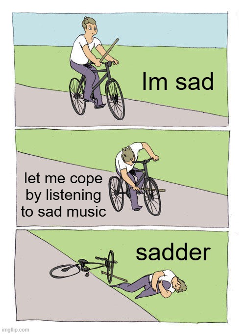 bruh | Im sad; let me cope by listening to sad music; sadder | image tagged in memes,bike fall | made w/ Imgflip meme maker