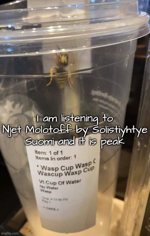 Wasp cup Wasp cup Wasp cup Wasp cup Wasp cup Wasp cup Wasp cup | I am listening to Njet Molotoff by Solistiyhtye Suomi and it is peak | image tagged in wasp cup wasp cup wasp cup wasp cup wasp cup wasp cup wasp cup | made w/ Imgflip meme maker