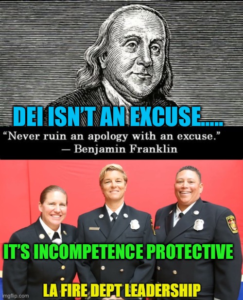 Incompetence has a home in D.E.I. Fantasyland | DEI ISN’T AN EXCUSE….. IT’S INCOMPETENCE PROTECTIVE | image tagged in la fire department leadership,woke,incompetence,democrats,california fires | made w/ Imgflip meme maker