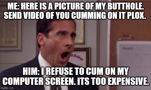 My plan hath come unravelled | ME: HERE IS A PICTURE OF MY BUTTHOLE. SEND VIDEO OF YOU CUMMING ON IT PLOX. HIM: I REFUSE TO CUM ON MY COMPUTER SCREEN. ITS TOO EXPENSIVE. | image tagged in noooooo | made w/ Imgflip meme maker