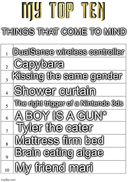 real | THINGS THAT COME TO MIND; DualSense wireless controller; Capybara; Kissing the same gender; Shower curtain; The right trigger of a Nintendo 3ds; A BOY IS A GUN*; Tyler the cater; Mattress firm bed; Brain eating algae; My friend mari | made w/ Imgflip meme maker