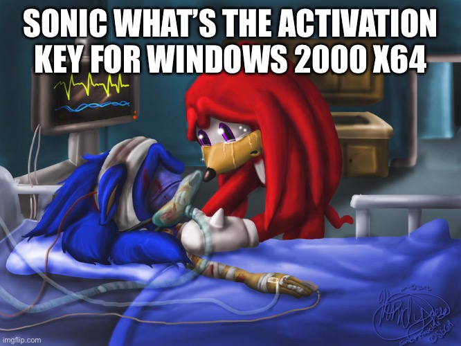 Sonic in deathbed (Warning: Violent imagery) | SONIC WHAT’S THE ACTIVATION KEY FOR WINDOWS 2000 X64 | image tagged in dying sonic | made w/ Imgflip meme maker