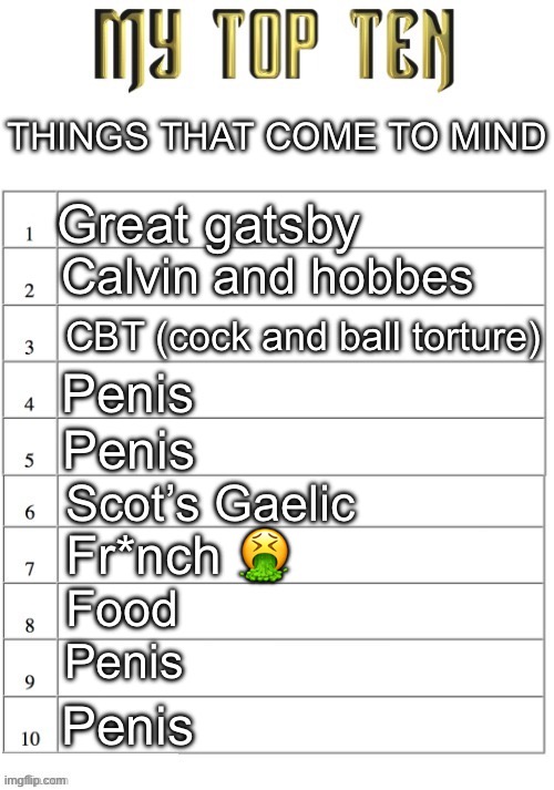 Top ten list better | THINGS THAT COME TO MIND; Great gatsby; Calvin and hobbes; CBT (cock and ball torture); Penis; Penis; Scot’s Gaelic; Fr*nch 🤮; Food; Penis; Penis | image tagged in top ten list better | made w/ Imgflip meme maker