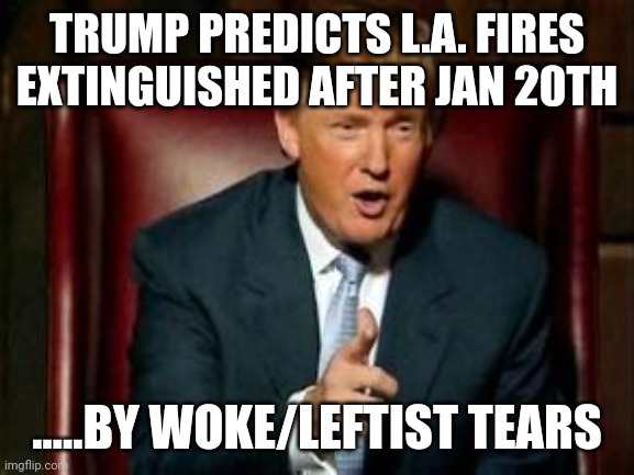 TRUMP 2024 | TRUMP PREDICTS L.A. FIRES EXTINGUISHED AFTER JAN 20TH; .....BY WOKE/LEFTIST TEARS | image tagged in donald trump | made w/ Imgflip meme maker