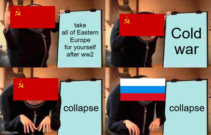 USSR in a nutshell: | take all of Eastern Europe for yourself after ww2; Cold war; collapse; collapse | image tagged in memes,gru's plan | made w/ Imgflip meme maker