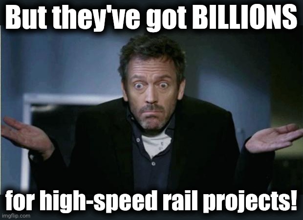 SHRUG | But they've got BILLIONS for high-speed rail projects! | image tagged in shrug | made w/ Imgflip meme maker