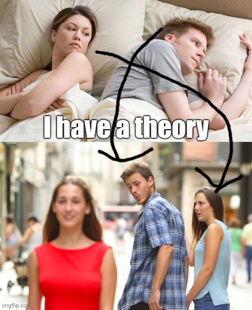 They look the same | I have a theory | image tagged in memes,i bet he's thinking about other women,distracted boyfriend | made w/ Imgflip meme maker