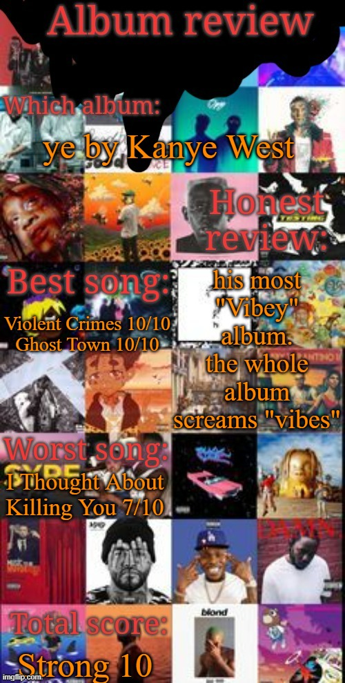 Album review | ye by Kanye West; his most "Vibey" album. the whole album screams "vibes"; Violent Crimes 10/10
Ghost Town 10/10; I Thought About Killing You 7/10; Strong 10 | image tagged in album review | made w/ Imgflip meme maker