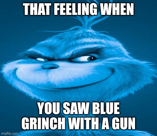 Blue Grinch | THAT FEELING WHEN YOU SAW BLUE GRINCH WITH A GUN | image tagged in blue grinch | made w/ Imgflip meme maker