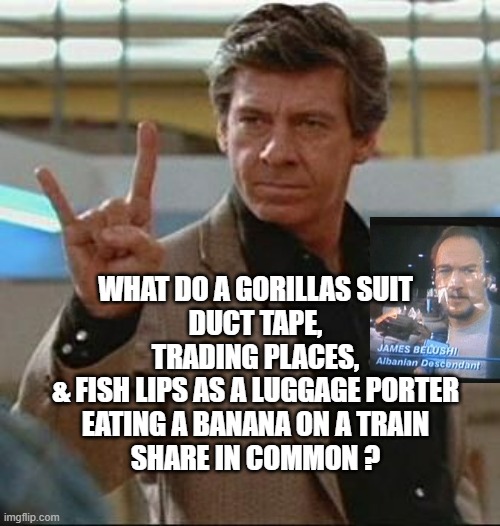 Breakfast Club - Bull | WHAT DO A GORILLAS SUIT
DUCT TAPE,
TRADING PLACES,
& FISH LIPS AS A LUGGAGE PORTER
EATING A BANANA ON A TRAIN
SHARE IN COMMON ? | image tagged in breakfast club - bull | made w/ Imgflip meme maker