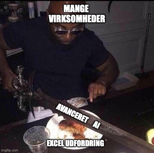 AI I danske virksomheder | MANGE 
VIRKSOMHEDER; AVANCERET     AI; EXCEL UDFORDRING | image tagged in overkill sword | made w/ Imgflip meme maker