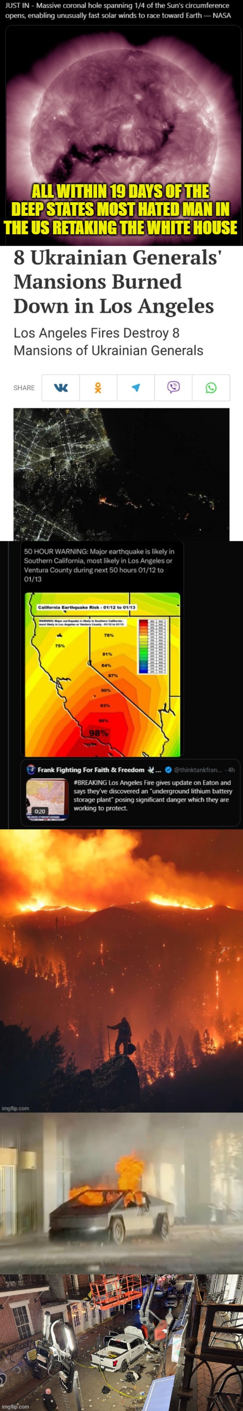 There are strange things afoot in the USA | ALL WITHIN 19 DAYS OF THE DEEP STATES MOST HATED MAN IN THE US RETAKING THE WHITE HOUSE | image tagged in wildfires,ukraine,israel,earthquake,terrorism,drones | made w/ Imgflip meme maker