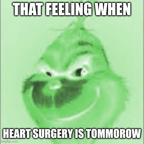 purple grinch | THAT FEELING WHEN; HEART SURGERY IS TOMMOROW | image tagged in purple grinch | made w/ Imgflip meme maker