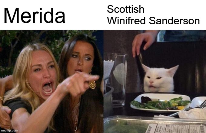 Yeah, I get it. Not all ginger women in green are the same. | Merida; Scottish Winifred Sanderson | image tagged in memes,woman yelling at cat,brave,hocus pocus,pixar,disney | made w/ Imgflip meme maker