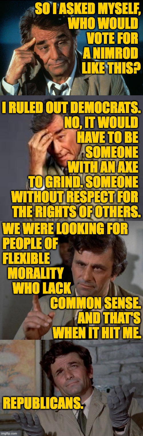 SO I ASKED MYSELF,
WHO WOULD 
VOTE FOR 
A NIMROD 
LIKE THIS? I RULED OUT DEMOCRATS.
NO, IT WOULD 
HAVE TO BE 
SOMEONE 
WITH AN AXE 
TO GRIND | image tagged in columbo roll safe,columbo,columbo oh well | made w/ Imgflip meme maker