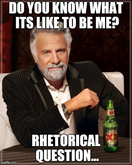 The Most Interesting Man In The World | DO YOU KNOW WHAT ITS LIKE TO BE ME? RHETORICAL QUESTION... | image tagged in memes,the most interesting man in the world | made w/ Imgflip meme maker