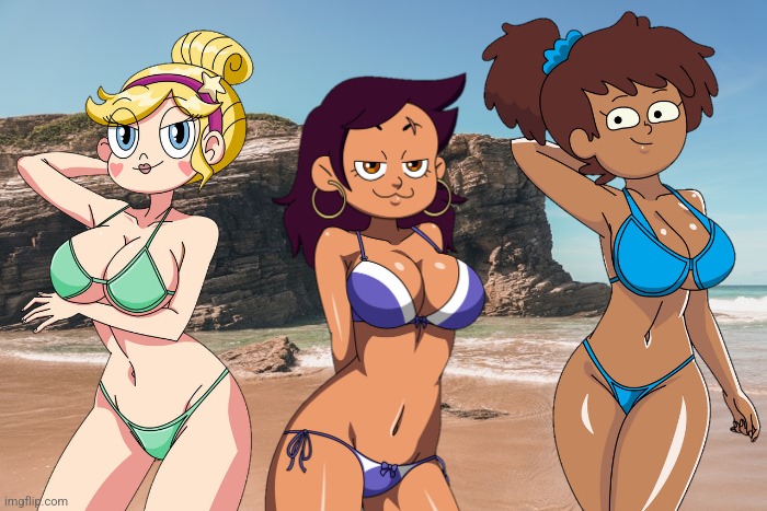 The Modern Disney Trio Star Butterfly, Luz Noceda and Anne Boonchuy at the Playa de las Catedrales, Lugo, Spain. | image tagged in star vs the forces of evil,the owl house,amphibia,crossover,beach,disney | made w/ Imgflip meme maker