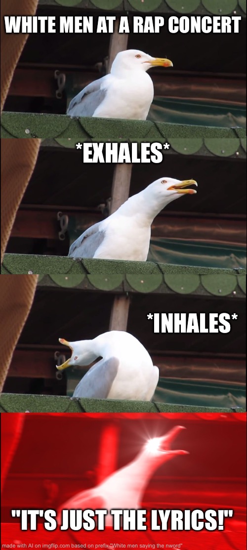 Inhaling Seagull Meme | WHITE MEN AT A RAP CONCERT; *EXHALES*; *INHALES*; "IT'S JUST THE LYRICS!" | image tagged in memes,inhaling seagull | made w/ Imgflip meme maker