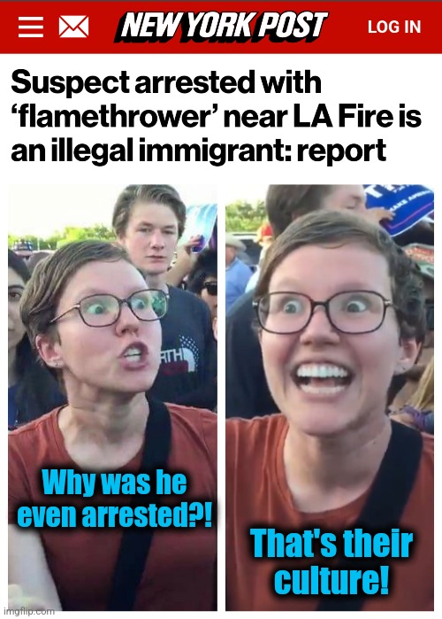 Why was he
even arrested?! That's their
culture! | image tagged in social justice warrior hypocrisy,memes,democrats,los angeles,wildfires,illegal immigrants | made w/ Imgflip meme maker