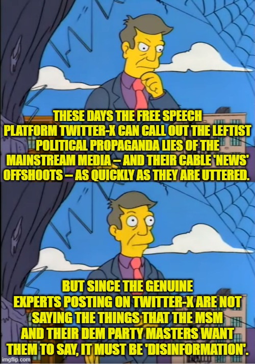 Skinner breaks his brain TRYING to rationalize like the typical leftist.  Ouch! | THESE DAYS THE FREE SPEECH PLATFORM TWITTER-X CAN CALL OUT THE LEFTIST POLITICAL PROPAGANDA LIES OF THE MAINSTREAM MEDIA -- AND THEIR CABLE 'NEWS' OFFSHOOTS -- AS QUICKLY AS THEY ARE UTTERED. BUT SINCE THE GENUINE EXPERTS POSTING ON TWITTER-X ARE NOT SAYING THE THINGS THAT THE MSM AND THEIR DEM PARTY MASTERS WANT THEM TO SAY, IT MUST BE 'DISINFORMATION'. | image tagged in skinner out of touch | made w/ Imgflip meme maker