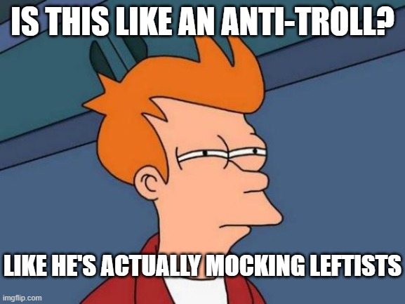 Futurama Fry Meme | IS THIS LIKE AN ANTI-TROLL? LIKE HE'S ACTUALLY MOCKING LEFTISTS | image tagged in memes,futurama fry | made w/ Imgflip meme maker