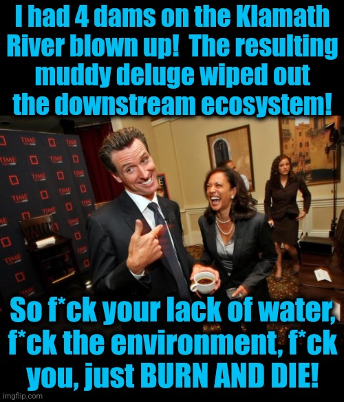 The insane nihilism which makes Gavin Newsom a lib hero | I had 4 dams on the Klamath
River blown up!  The resulting
muddy deluge wiped out
the downstream ecosystem! So f*ck your lack of water,
f*ck the environment, f*ck
you, just BURN AND DIE! | image tagged in gavin newsom kamala harris,memes,democrats,california,wildfires,lies | made w/ Imgflip meme maker