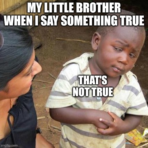 sorry I took so long!? | MY LITTLE BROTHER WHEN I SAY SOMETHING TRUE; THAT'S NOT TRUE | image tagged in memes,third world skeptical kid,little brother | made w/ Imgflip meme maker
