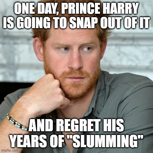 Prince Harry | ONE DAY, PRINCE HARRY IS GOING TO SNAP OUT OF IT AND REGRET HIS YEARS OF "SLUMMING" | image tagged in prince harry | made w/ Imgflip meme maker