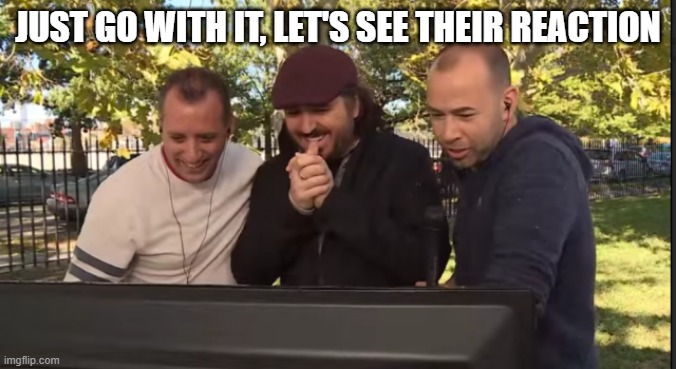 Impractical Jokers | JUST GO WITH IT, LET'S SEE THEIR REACTION | image tagged in impractical jokers | made w/ Imgflip meme maker