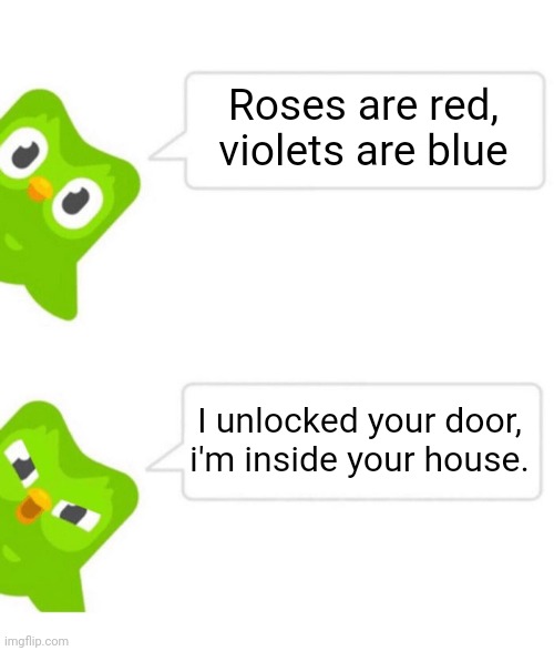 Roses are red, violets are blue Duolingk Meme | Roses are red, violets are blue; I unlocked your door, i'm inside your house. | image tagged in angry duolingo owl | made w/ Imgflip meme maker