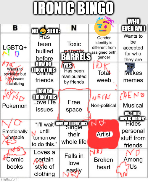 ironic bingo | IRONIC BINGO; WHO EVEN AM I; NO 😥:FEAR:; BARRELS; HOW DO I IRONY THIS; YES; HOW DO I IRONY THIS; NO. *THIS INFO IS HIDDEN*; HOW DO I IRONY THIS | image tagged in thesuitedgayweeb's bingo,bingo,cool,meme,funny,memes | made w/ Imgflip meme maker