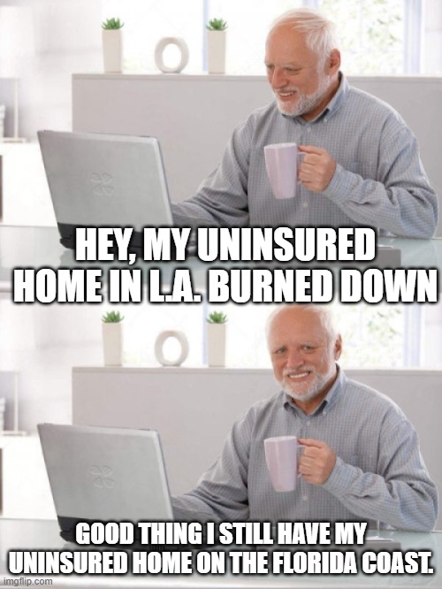 Old guy pc | HEY, MY UNINSURED HOME IN L.A. BURNED DOWN; GOOD THING I STILL HAVE MY UNINSURED HOME ON THE FLORIDA COAST. | image tagged in old guy pc | made w/ Imgflip meme maker