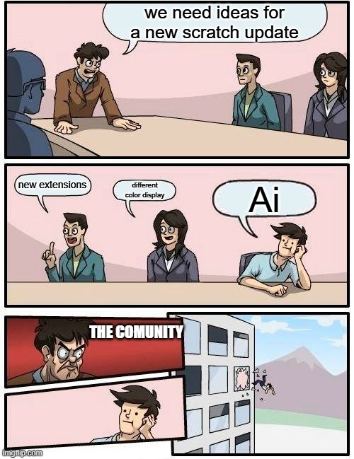 Boardroom Meeting Suggestion Meme | we need ideas for a new scratch update; new extensions; different color display; Ai; THE COMUNITY | image tagged in memes,boardroom meeting suggestion,cat,scratch | made w/ Imgflip meme maker