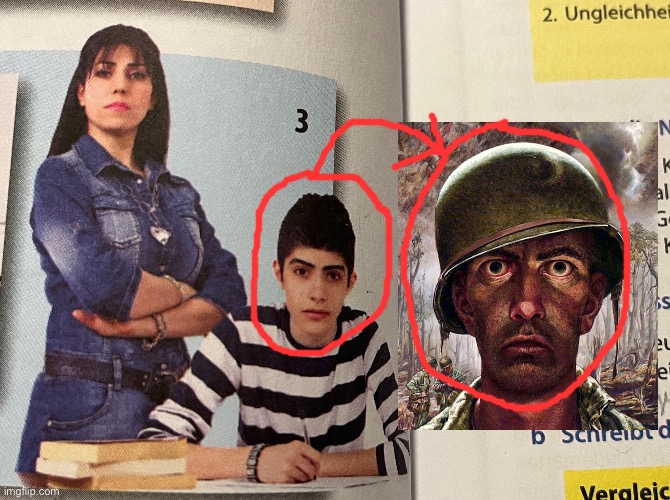 this kid on an illustration in my German schoolbookhas the f***ing thousand yard stare ☠️ | image tagged in name soundalikes,soundalikes,thousand yard stare,1000 yard stare | made w/ Imgflip meme maker