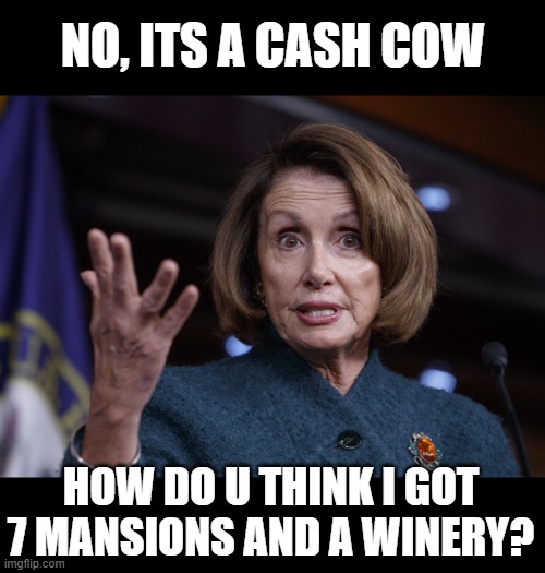 Good old Nancy Pelosi | NO, ITS A CASH COW HOW DO U THINK I GOT 7 MANSIONS AND A WINERY? | image tagged in good old nancy pelosi | made w/ Imgflip meme maker