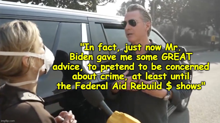 Maybe he was talking to Biden | "In fact, just now Mr. Biden gave me some GREAT advice, to pretend to be concerned about crime, at least until the Federal Aid Rebuild $ shows" | image tagged in newsome crime concerns meme | made w/ Imgflip meme maker