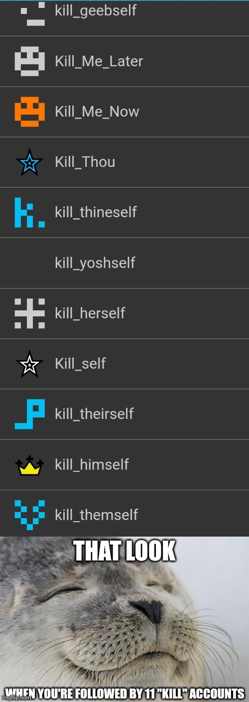 Lmaoo | THAT LOOK; WHEN YOU'RE FOLLOWED BY 11 "KILL" ACCOUNTS | image tagged in memes,satisfied seal | made w/ Imgflip meme maker