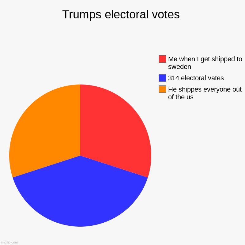 Trumps electoral votes | He shippes everyone out of the us, 314 electoral vates, Me when I get shipped to sweden | image tagged in charts,pie charts | made w/ Imgflip chart maker