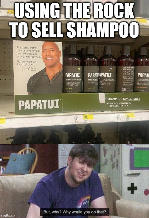 I think I would listen to someone with hair on their head | USING THE ROCK TO SELL SHAMPOO | image tagged in but why why would you do that | made w/ Imgflip meme maker