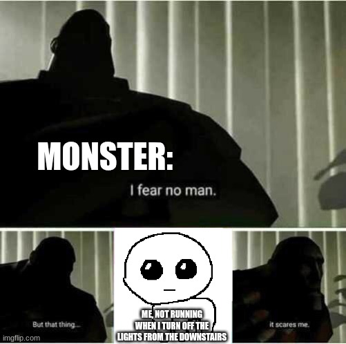 Is he the monster or am i? | MONSTER:; ME, NOT RUNNING WHEN I TURN OFF THE LIGHTS FROM THE DOWNSTAIRS | image tagged in i fear no man,moster,yippee | made w/ Imgflip meme maker