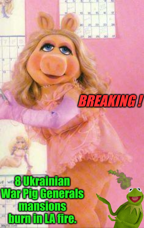 Breaking Winds ! | BREAKING ! 8 Ukrainian War Pig Generals mansions burn in LA fire. | image tagged in miss piggy lingerie,politics,political meme,funny memes,funny | made w/ Imgflip meme maker