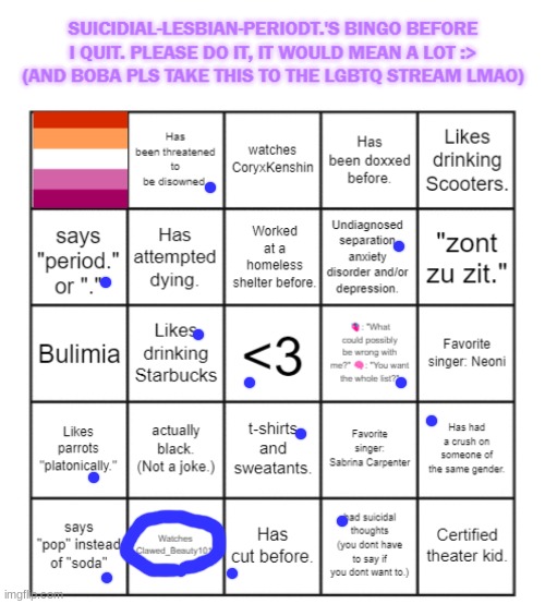 suicidial-lesbian-periodt.'s bingo card | image tagged in suicidial-lesbian-periodt 's bingo card | made w/ Imgflip meme maker