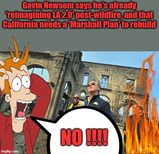 Oh.. boy Newsom's got plan's.Don't worry DEMs will fix it. | Gavin Newsom says he's already 'reimagining LA 2.0' post-wildfire, and that California needs a 'Marshall Plan' to rebuild; NO !!!! | made w/ Imgflip meme maker