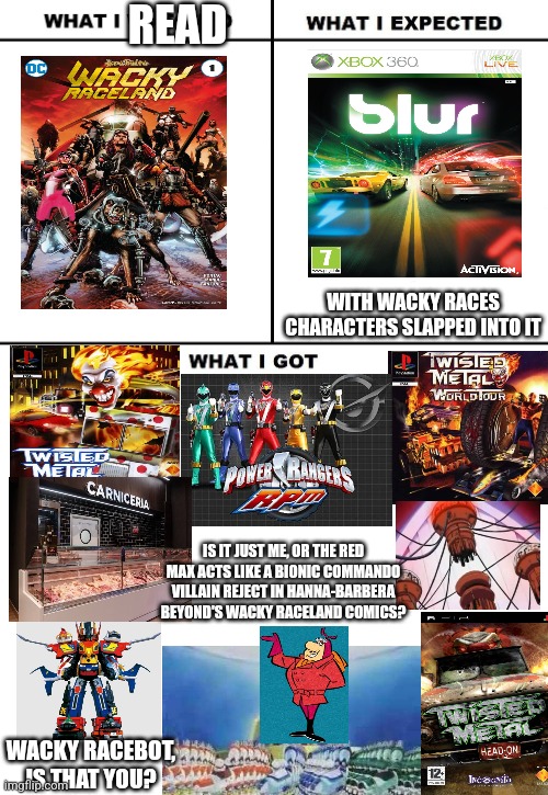 What I expected Wacky Raceland ends up to be a Twisted Metal esque comic book istead | READ; WITH WACKY RACES CHARACTERS SLAPPED INTO IT; IS IT JUST ME, OR THE RED MAX ACTS LIKE A BIONIC COMMANDO VILLAIN REJECT IN HANNA-BARBERA BEYOND'S WACKY RACELAND COMICS? WACKY RACEBOT, IS THAT YOU? | image tagged in what i watched/ what i expected/ what i got,wacky races,twisted metal,power rangers | made w/ Imgflip meme maker