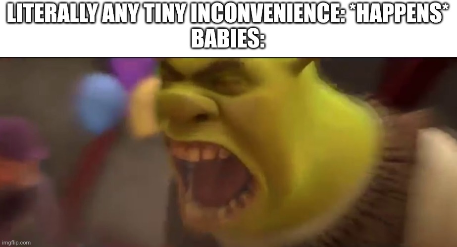 Why do they do this? WHY | LITERALLY ANY TINY INCONVENIENCE: *HAPPENS*
BABIES: | image tagged in shrek screaming,why,crybabies,stupid,annoying | made w/ Imgflip meme maker